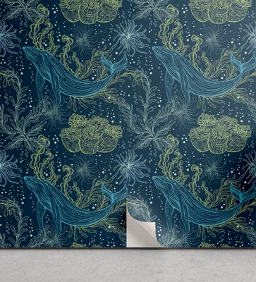 Produktbild von ABAKUHAUS Wal abziehbare & klebbare Tapete für Zuhause, Meeresfauna und Flora, selbstklebendes Wohnzimmer Küchenakzent, 33 cm x 90 cm, Indigo Sea Grün Blau