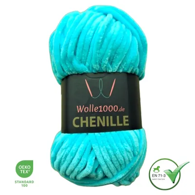 Produktbild von Wolle1000 Chenille - 13 AQUA - 100g - weiches Chenille Garn / Kuschelwolle