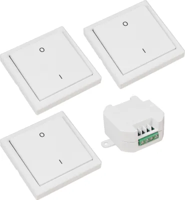 Three white wall switches and a white receiver unit are arranged on a white background.