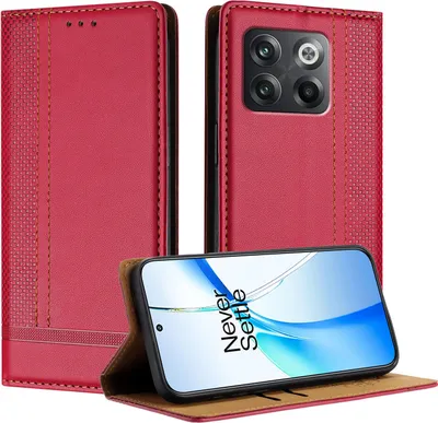 Produktbild von Handyhülle für OnePlus 10T Leder Flip Klappbare Schutzhülle mit Standfunktion Rot