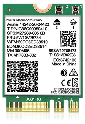 Imagen del producto de Tarjeta inalámbrica WiFi 6E Intel AX210 NGW, Bluetooth 5.2, adaptador de red tri-banda de 5400 Mbps para portátil. Compatible con Windows 10/11 (64 bits). Formato: M.2/NGFF