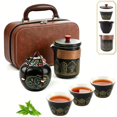 6-teiliges Gongfu-Teeservice aus Porzellan, schwarz, 250 ml Teekanne, tragbar