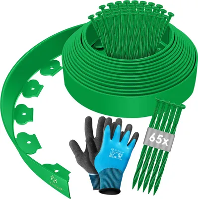 Produktbild von KESSER® Flexible Rasenkante aus Kunststoff Länge 10m Höhe 5cm, mit 50 Erdanker + Handschuhe, Beeteinfassung Beetumrandung Beetbegrenzung Mähkante Pflastersteine Palisade