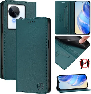 Produktbild von Lederhülle für Tecno Spark 10 5G Hülle Flip Brieftasche Kartenfächern Ständer Schutzhülle Dunkelgrün