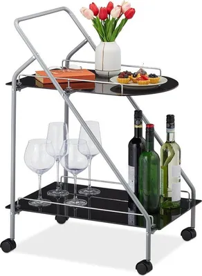 Image de Chariot de service à deux étages avec roulettes, en verre et métal, 84 x 45 x 60 cm, noir
