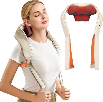 Image de Appareil de massage pour le cou et les épaules avec fonction de chaleur - Massage Shiatsu - Relaxation musculaire - Corps - Massage 4D sans fil - 25,5 x 16,14 cm - Noir