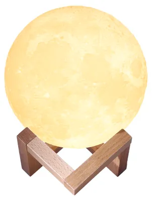 A 3D moon-shaped lamp with a wooden stand, presented on a white background.