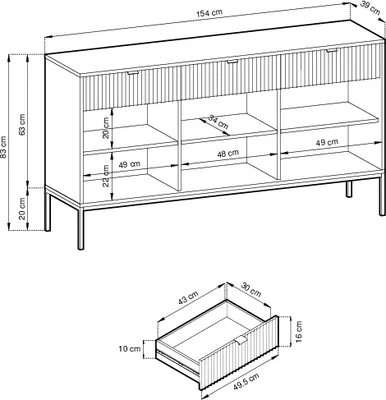 A technical drawing of a sideboard with dimensions and a separate drawing of a drawer with dimensions.
