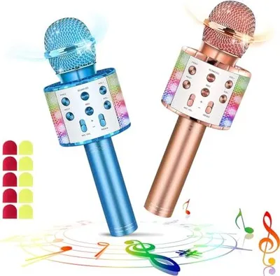 Produktbild von Set 2 drahtlose Bluetooth -Mikrofon -Karaoke -LED -Leuchten tragbarer Handheld -Gesangslautsprecher Spielzeuggeschenke Kinder Erwachsene (mit 10 Einwe