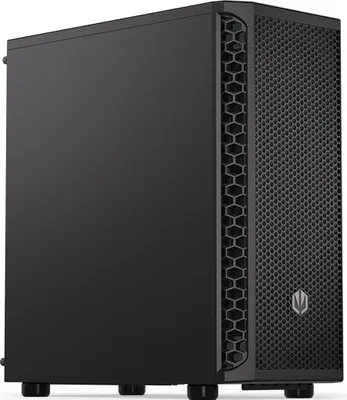 A black computer tower is shown from a three-quarter angle against a white background.