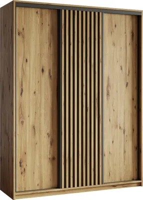 Produktbild von Masseno Schiebetürenschrank VONTE 150/205/60 cm Kleiderschrank mit Lamellen und Schubladen Schlafzimmer Schrank 3-türig Eiche Artisan + Schwarz