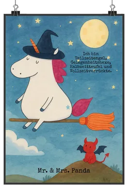 Produktbild von Mr. & Mrs. Panda Bild Einhorn Hexe Design DIN A0 - Weiß - Geschenk, Teufel, Frau, Unicorn, Kunstdruck, Einhörner, Plakat, wanddeko, drucke, Posterdruck, Engel