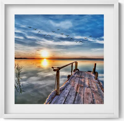 Produktbild von See bei Sonnenuntergang– Wandbild mit Rahmen – Gerahmtes Bild  – Wanddekoration – 50x50 cm –  Weiß Rahmen