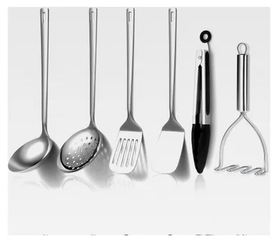 Produktbild von 6-teiliges Edelstahl-Küchenutensilien-Set, enthält Metallspatel, Schaumlöffel, Schöpfkelle, Zange, Kartoffelstampfer, spülmaschinenfest