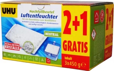 A product box for UHU Luftentfeuchter (dehumidifier) refill bags, showing a 2+1 free offer.