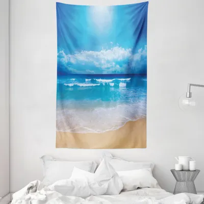Produktbild von ABAKUHAUS Strand Wandteppich und Tagesdecke, Bewölkten Himmel in Meer Sommer aus Weiches Mikrofaser Stoff Waschbar ohne Verblassen Digitaldruck, 140 x 230 cm, Sand Braun Blau