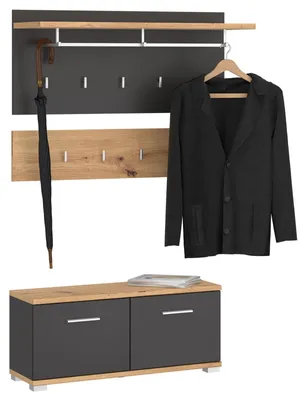 Produktbild von Garderobenset BILBAO 3-teilig, Artisan Eiche / Kosmos Grau, ideal für Flur und Eingangsbereich, mit 9 Haken, Kleiderstange, Hutablage und Schuhbank