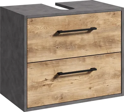 Produktbild von Waschbeckenunterschrank Florence 60 x 35 cm Grau mit Kastanie Eiche - Hängender Badezimmerschrank mit 2 Schubladen