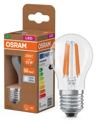 Productafbeelding van LED lamp P45 bolvormig, E27 fitting, 1,2W = 25W, 255lm, 4000K (neutraal wit), 330°, 213lm/W, CLASSIC, energiezuinig, Osram