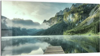 Produktbild von DEQORI Glasbild Echtglas 100x50 cm 'Nebelgeheimnis am See' Wandbild Bild modern Deko