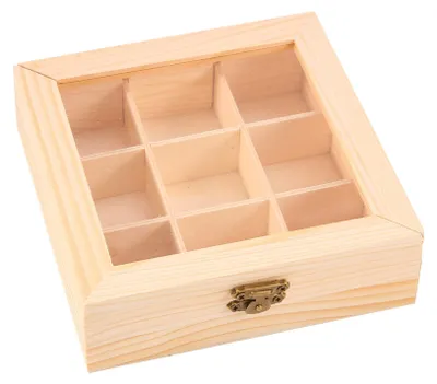 Holzbox mit 9 Fächern, Aufbewahrungsbox, 15 x 15 x 5 cm