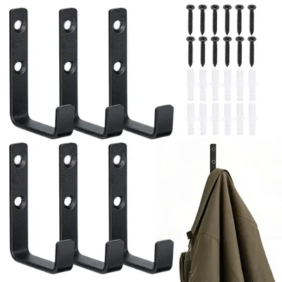 Produktbild von 6-teiliges Set schwarzer, breiter Kleiderhaken, Wandhaken für Akustikpaneele, passendes Zubehör, Kleiderhaken für Akustikpaneele, geeignet für Wandpaneele, Kleiderständer, Garagen, langlebig