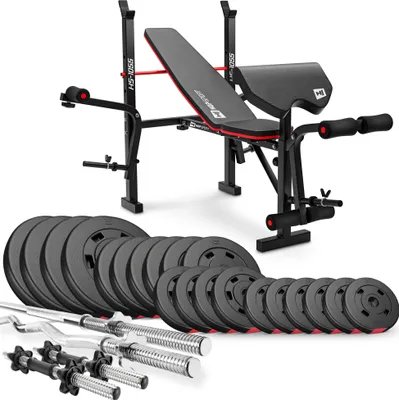 Produktbild von Hop-Sport zusammenklappbare Hantelbank HS-1055 - mit Curlpult, Butterfly und Beincurler - inkl. 105 KG Hantelset Lang-, Curl- & Kurzhantelstange, Gewichte 4x10+6x5+4x2,5+6x1,25