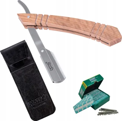 Produktbild von Ponik's Klassisches Rasier Set Herren, Transporttasche, Rasiermesser-Set mit 100 Derby Wechselklingen, hochwertiges Edelstahl, Barbier Messer für eine präzise Bart-Rasur, Braun