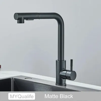 Immagine prodotto di Rubinetto da cucina, rubinetto da cucina ad alta pressione con doccetta estraibile in acciaio inossidabile, rubinetto girevole a 360°, 2 modalità di getto, rubinetto per lavello, finitura spazzolata. Colore: nero