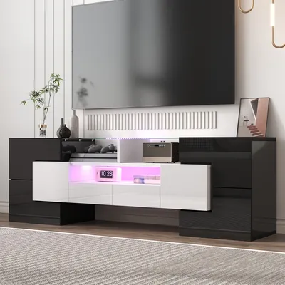 Produktbild von STILVORA TV-Schrank mit 6 Türen,2 Schubladen&3 Offene Regale,TV-Lowboard mit LED-Beleuchtung,Fernsehschrank Hochglanz,Weiß+Schwarz