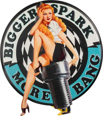 Obrázek produktu pro Moritz plechová cedule 35 x 39 cm Bigger Spark More Bang zapalovací svíčka žena PinUp deco kovová cedule retro vintage retro výroky vtipné