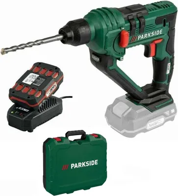 A cordless hammer drill set with battery, charger, and case, displayed against a white background.