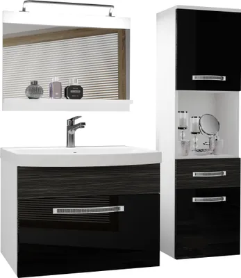 Produktbild von BELINI Badmöbel Vollausstattung Set Waschbeckenschrank, Hochschrank, Waschbecken, Spiegel, Lampe (Schwarz / Ebenholz Royal, Glänzend und Matt)