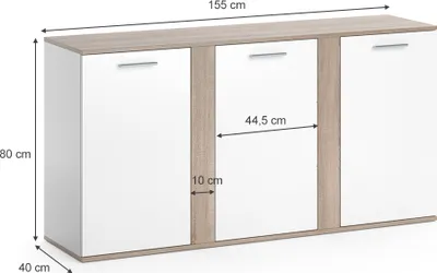 A 3D rendering of a white and wood-tone sideboard with dimensions indicated.