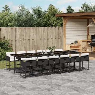Produktbild von Design 13-tlg. Garten-Essgruppe mit Kissen Schwarz Poly Rattan, Gartenmöbel-Sets 2024 Neu