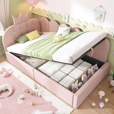 Zdjęcie produktu dla Tapicerowana kanapa rozkładana, sofa z aksamitu z schowkiem i wzorem w kształcie korony, sofa dla gości, w kształcie litery L, bez materaca, 90 x 190 cm, różowa
