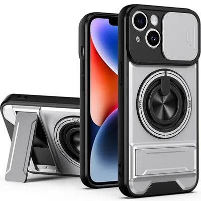 Produktbild von Magnetisch Hülle für iPhone 14 Militär Stoßfest Hülle mit Dia Kameraschutz und Ringhalter Ständer Silber