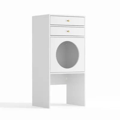 Produktbild von 2-in-1 Katzenmöbel 50x40x105cm Weiß, mit 2 Schubladen & runder Katzenhöhle, E1 umweltfreundliches MDF, goldene Griffe