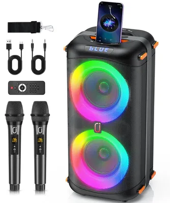 Productafbeelding van Karaokeset Zwart - 300 W Vermogen - Bluetooth USB Aansluiting - 2 Draadloze Microfoons