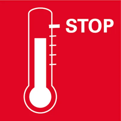 A red background with a white thermometer icon and the word STOP.