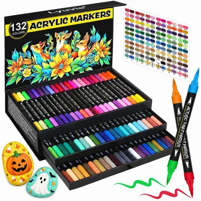 Immagine prodotto di Set di pennarelli acrilici, 132 colori, resistenti all'acqua, con punta a pennello, ideali per decorare pietre, legno, vetro e carta