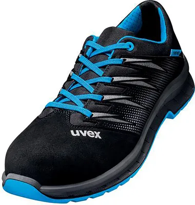 A single black and blue work shoe is shown against a white background.