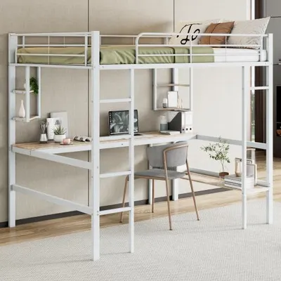 Zdjęcie produktu dla Stylowe stalowe łóżko loftowe z biurkiem i schowkiem - oszczędność miejsca dla dzieci, nastolatków i dorosłych. 140x200 cm, biały
