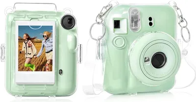 Produktbild von Tasche für Fuji Instax Mini 12,Hülle für Fujifilm Instax Mini 12 Sofortbildkamera, Schultergurt und schönem Aufkleber für Instax Mini 12 – verbesserte transparent