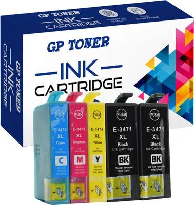 A set of four ink cartridges (cyan, magenta, yellow, and black) is displayed in front of a box of GP Toner ink cartridges. The box has a colorful geometric design on the right side.