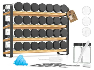 Image de Étagère à épices à 4 niveaux avec 28 pots | Couleur : noir et beige naturel | Dimensions : 35 x 9 x 26 cm