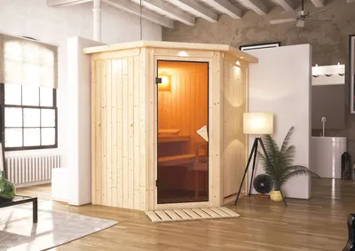 Produktbild von Karibu Sauna Innensauna Tonja Eckeinstieg Ofen 3,6 kW externe Strg.easy 184x165x202 cm mit Dachkranz  mit Bronzierter Tür