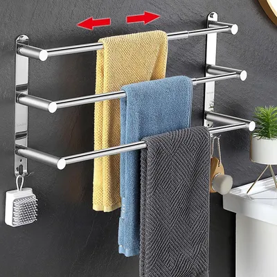 Productafbeelding van Handdoekhouder zonder boren, uitschuifbaar, 43-78 cm, roestvrijstalen handdoekhouder met 2 haken voor badkamer en keuken, wandmontage, zilverkleurig (3-laags)