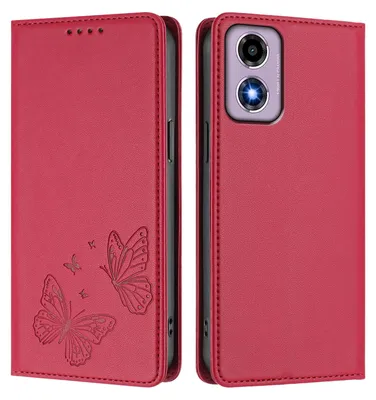 Produktbild von Lederhülle für Motorola Moto E14 / G04 / G04s / G24, Schmetterling Prägung Leder Brieftasche Schutzhülle mit Ständer Rot
