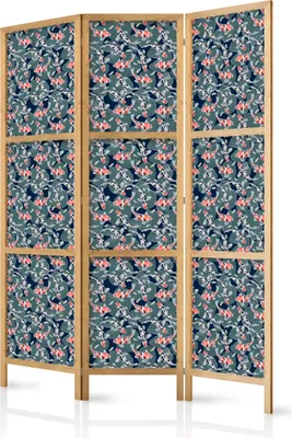 Produktbild von 3-teiliger Einseitiger Vlies Japanischer Paravent - Fish Among Leaves - Colorful Koi Fish Among Dark Green Water Lily Leaves on a Navy Water Surface 135x172 cm Tiere g-C-10145-bh-a